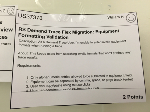 A sticky note detailing a user story from a Flex-to-AngularJS migration.